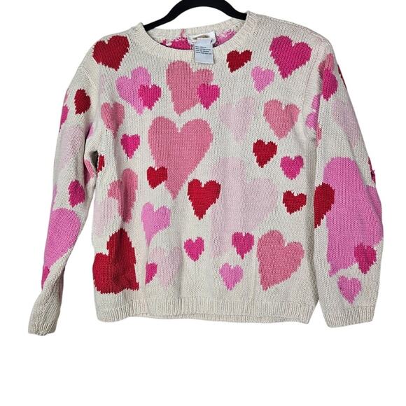 Vintage 90s Talbots PS Linen Cotton Pink Heart Sweater Valentines Kitsch Preppy - Picture 1 of 5
